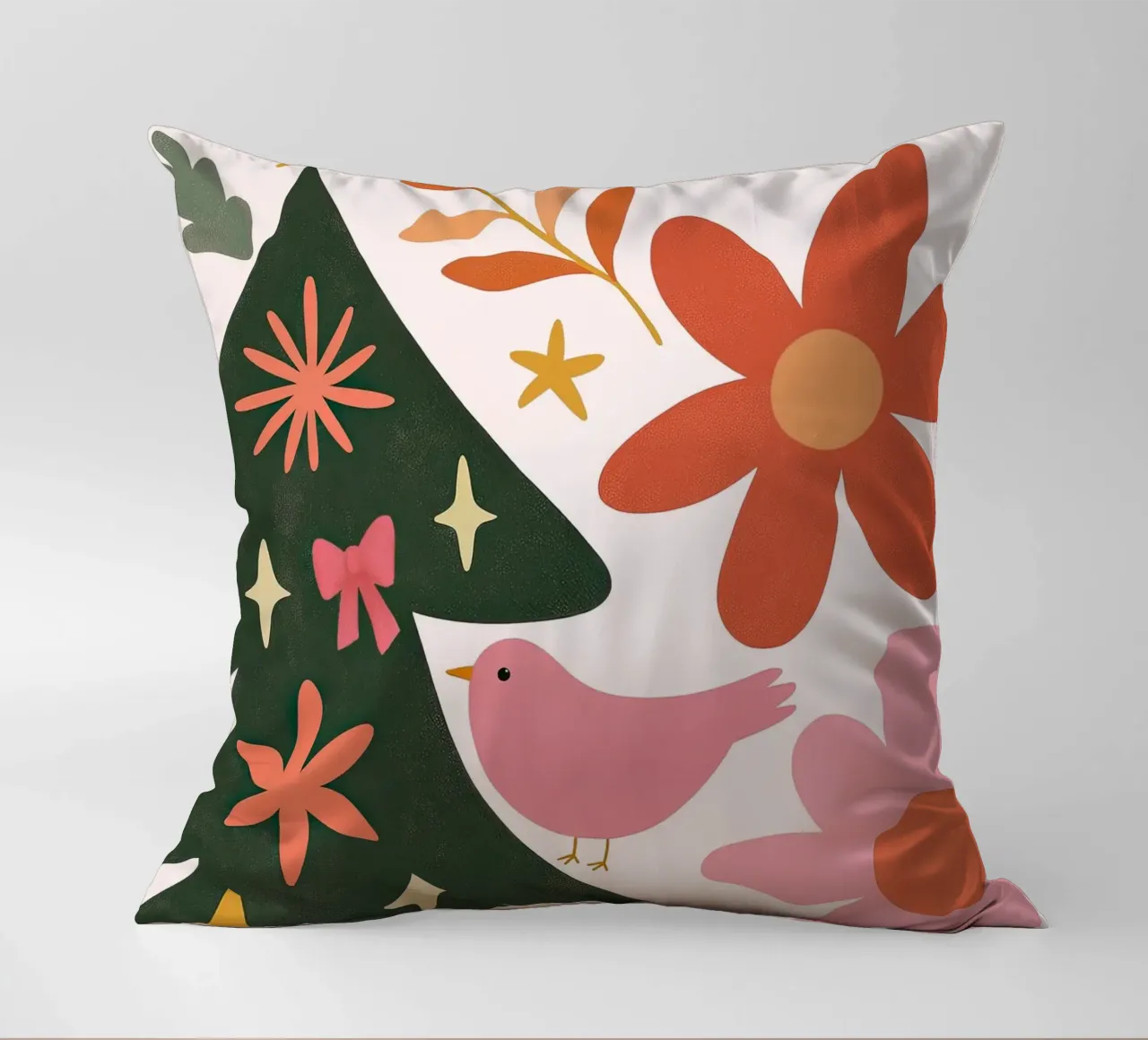 Sognante albero di Natale a forma di uccello rosa con luna, stelle e fiori cuscino da GentleEchoes Dreamlight