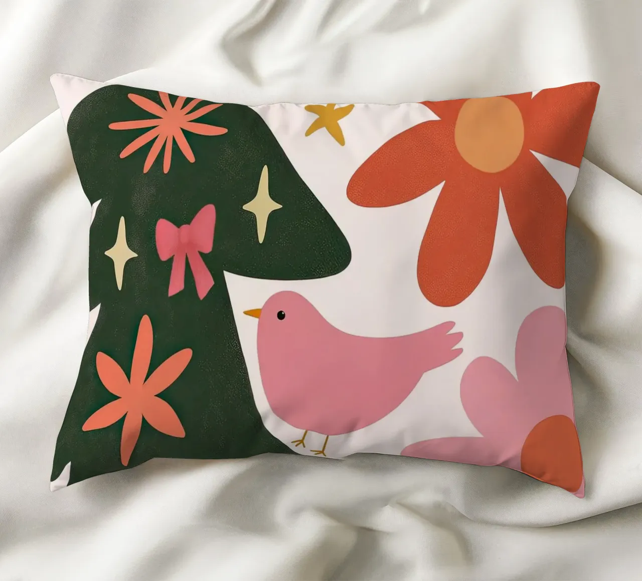 Sognante albero di Natale a forma di uccello rosa con luna, stelle e fiori cuscino da GentleEchoes Dreamlight