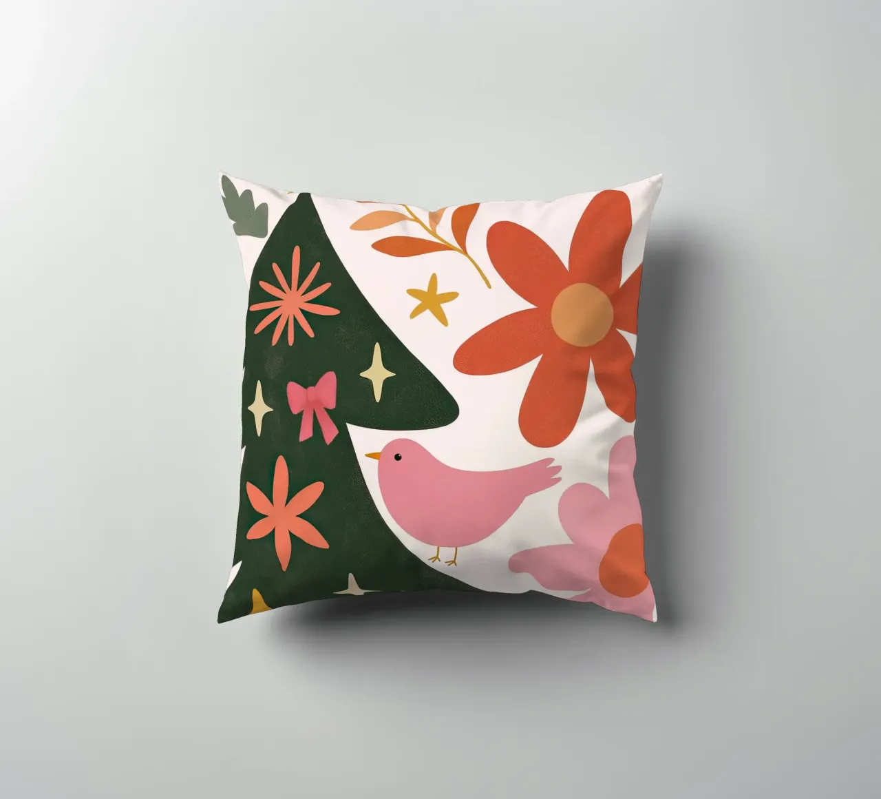 Sognante albero di Natale a forma di uccello rosa con luna, stelle e fiori cuscino da GentleEchoes Dreamlight