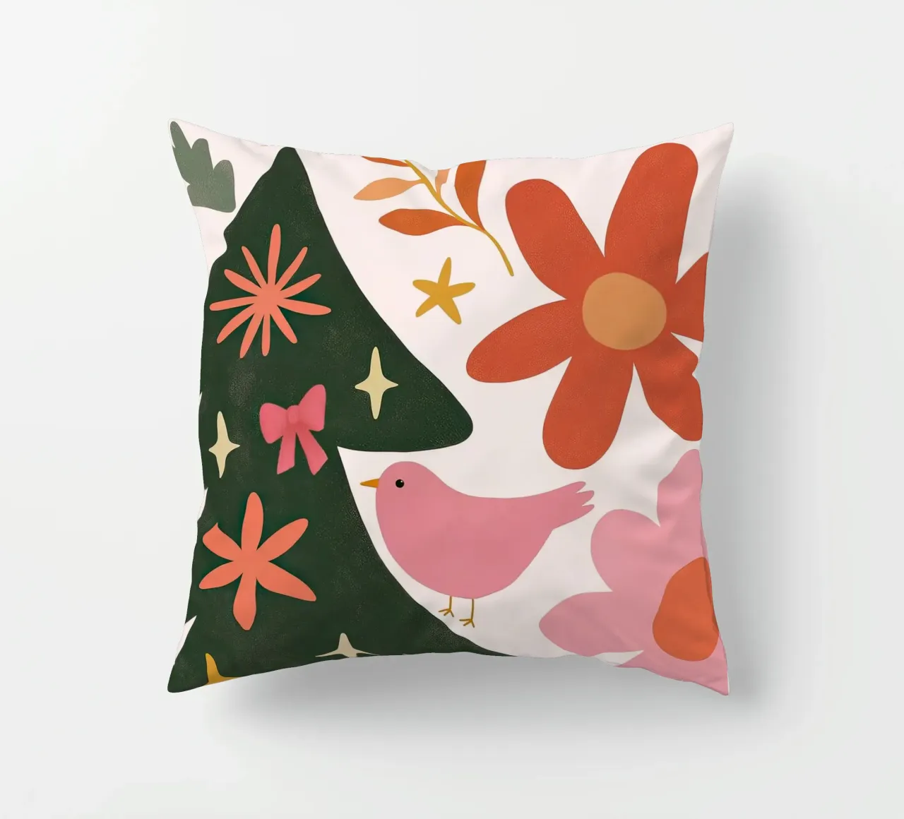 Sognante albero di Natale a forma di uccello rosa con luna, stelle e fiori cuscino da GentleEchoes Dreamlight