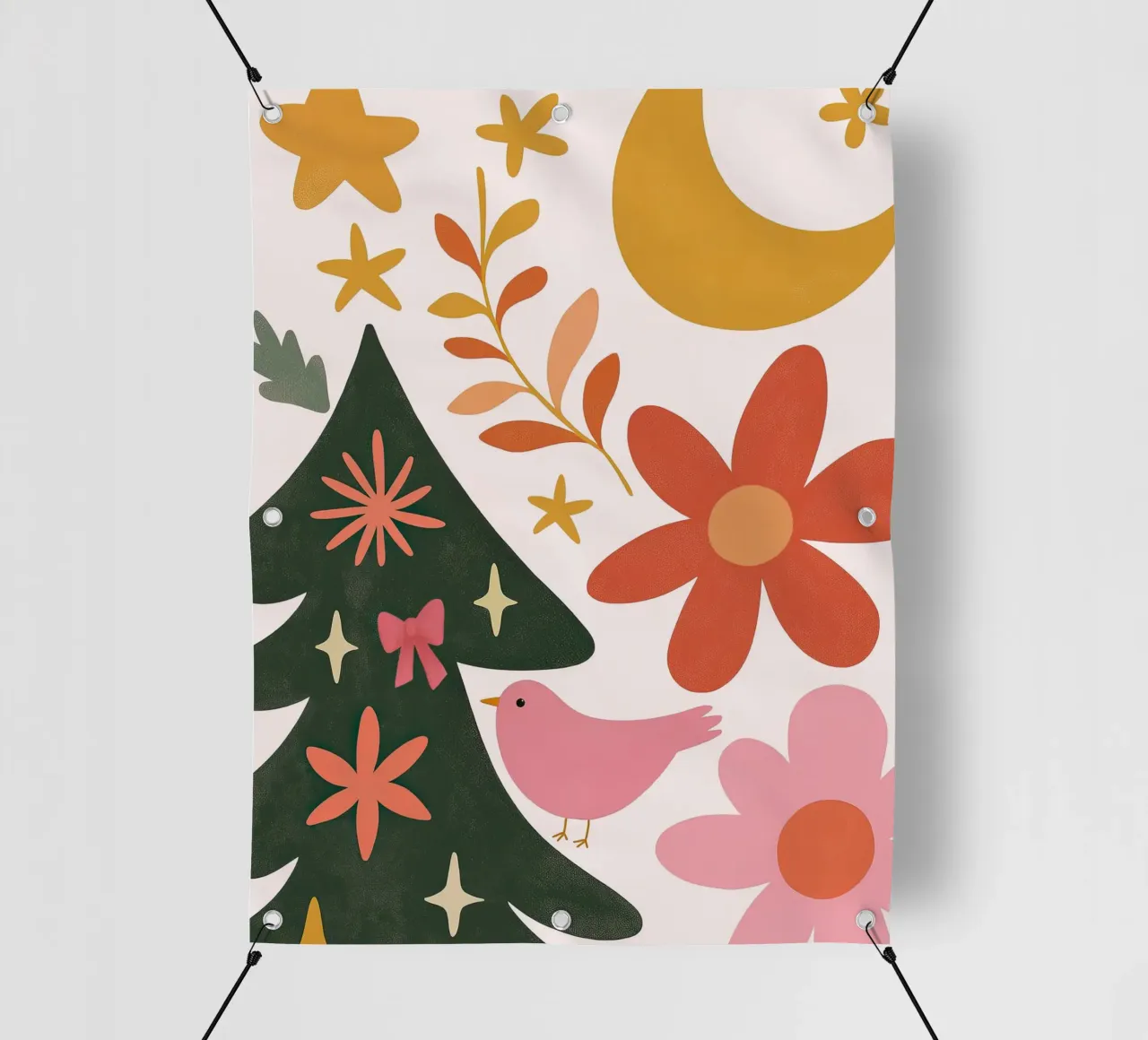 Sognante albero di Natale a forma di uccello rosa con luna, stelle e fiori telo in pvc da GentleEchoes Dreamlight