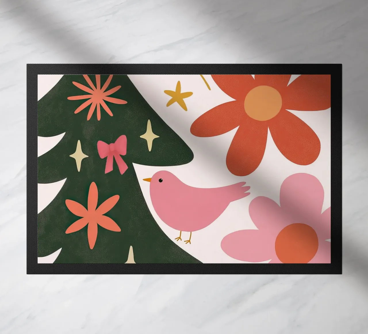 Sognante albero di Natale a forma di uccello rosa con luna, stelle e fiori zerbino da GentleEchoes Dreamlight