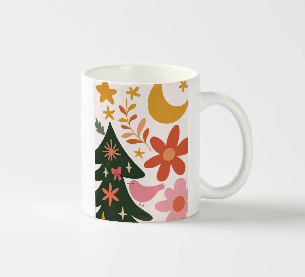 Sognante albero di Natale a forma di uccello rosa con luna, stelle e fiori tazza in ceramica da GentleEchoes Dreamlight