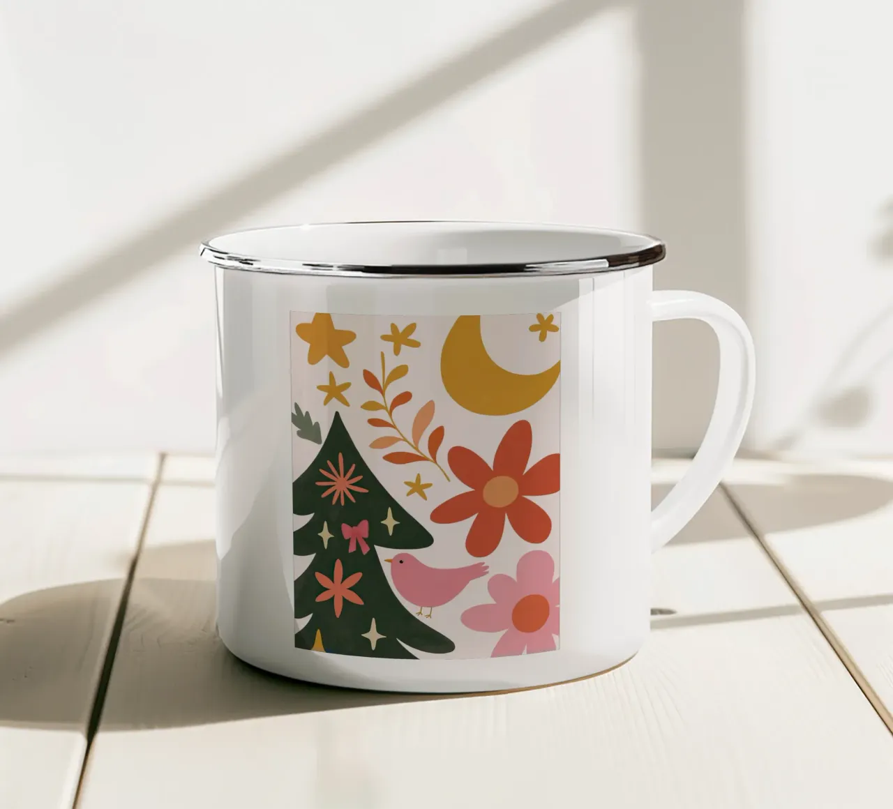 Sognante albero di Natale a forma di uccello rosa con luna, stelle e fiori tazza in smalto da GentleEchoes Dreamlight