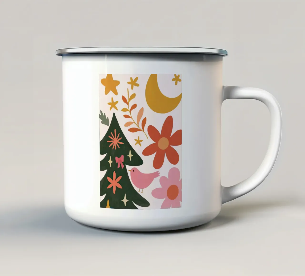 Sognante albero di Natale a forma di uccello rosa con luna, stelle e fiori tazza in smalto da GentleEchoes Dreamlight
