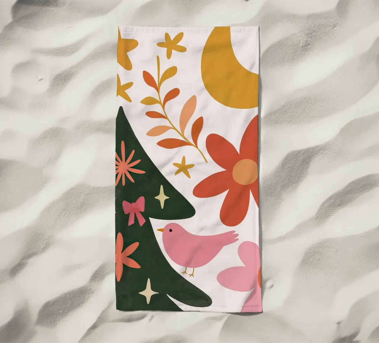 Sognante albero di Natale a forma di uccello rosa con luna, stelle e fiori telo mare da GentleEchoes Dreamlight