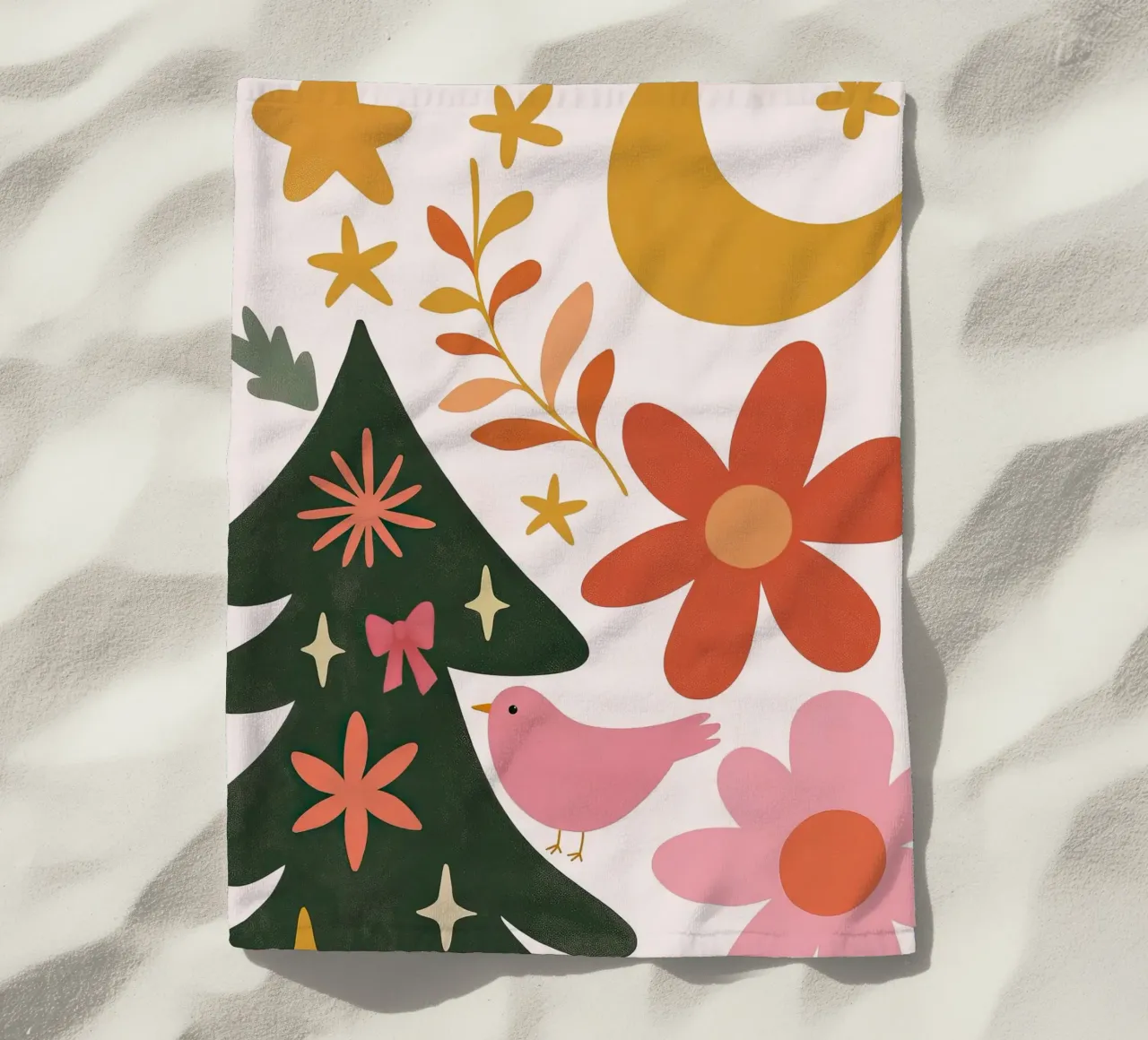 Sognante albero di Natale a forma di uccello rosa con luna, stelle e fiori telo mare da GentleEchoes Dreamlight