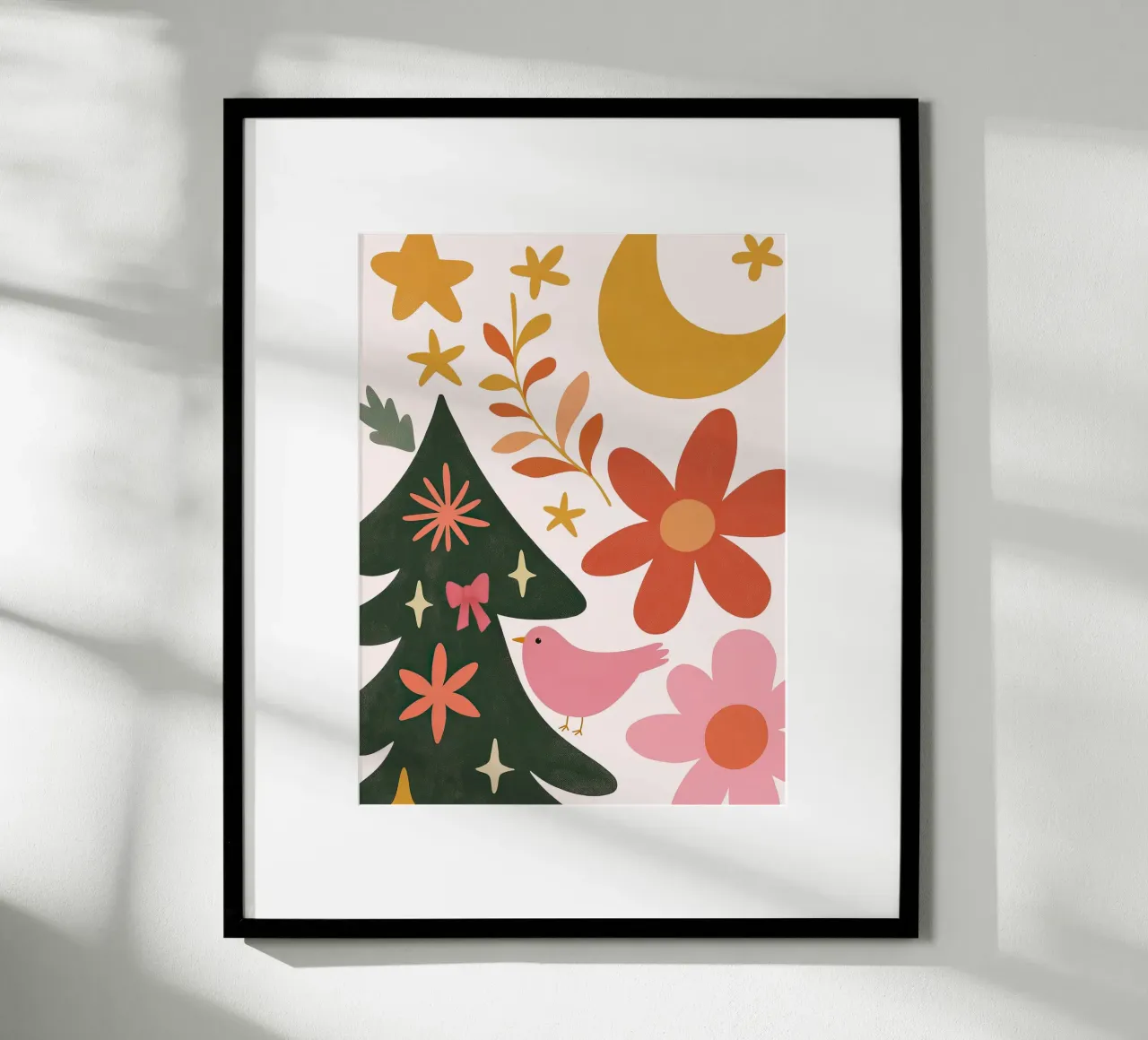 Sognante albero di Natale a forma di uccello rosa con luna, stelle e fiori carta hahnemühle da GentleEchoes Dreamlight