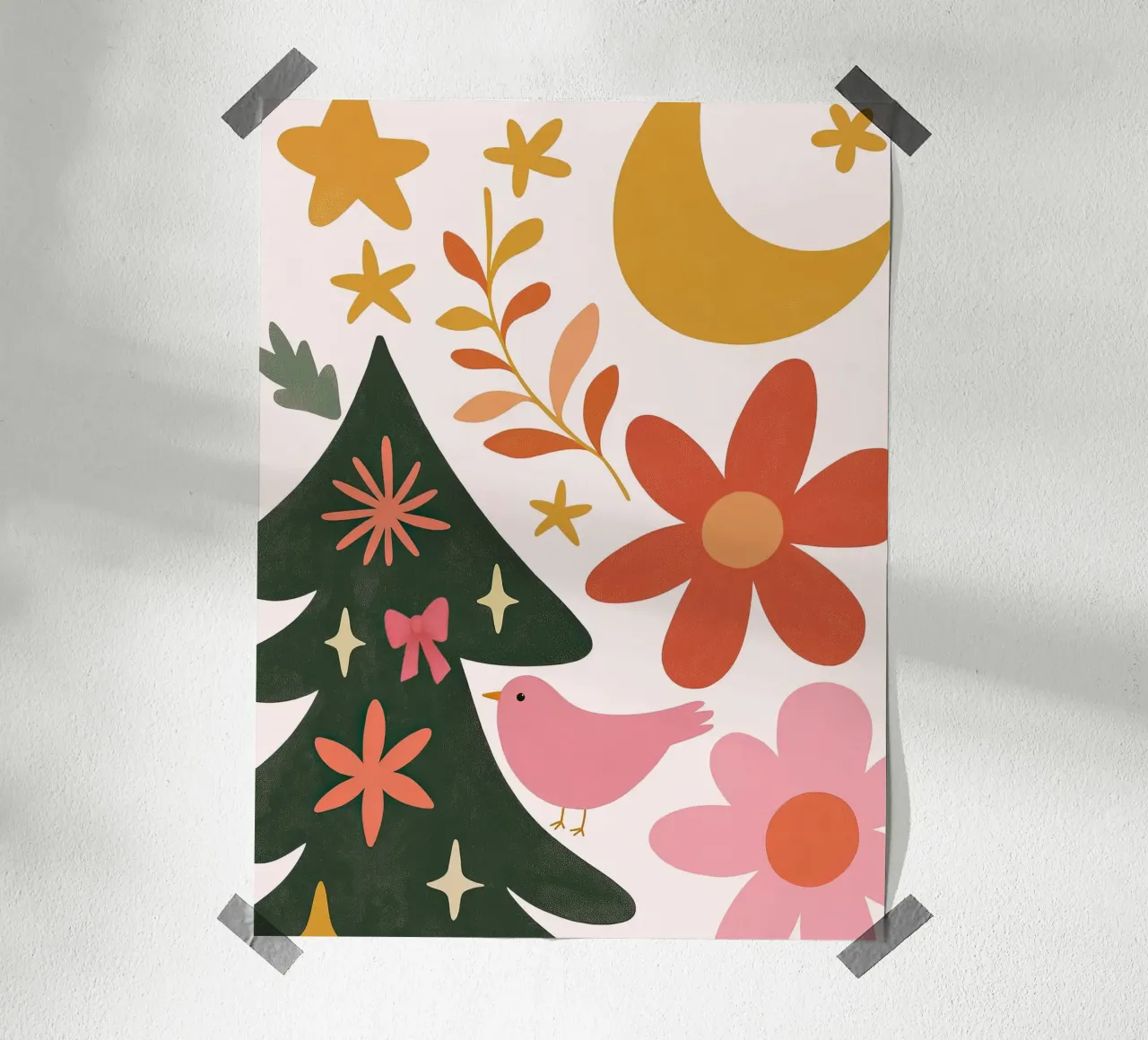 Sognante albero di Natale a forma di uccello rosa con luna, stelle e fiori carta hahnemühle da GentleEchoes Dreamlight