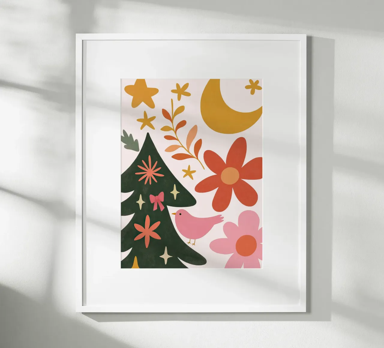 Sognante albero di Natale a forma di uccello rosa con luna, stelle e fiori carta hahnemühle da GentleEchoes Dreamlight