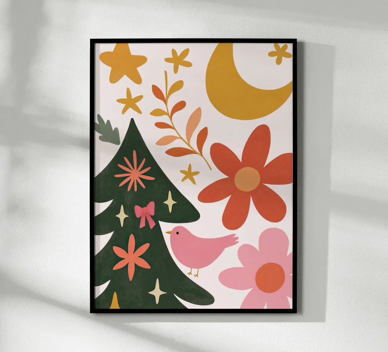 Sognante albero di Natale a forma di uccello rosa con luna, stelle e fiori carta hahnemühle da GentleEchoes Dreamlight