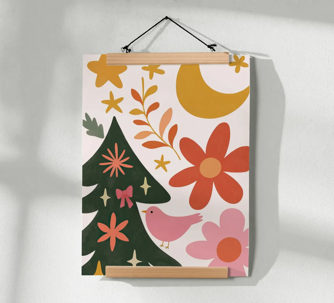 Sognante albero di Natale a forma di uccello rosa con luna, stelle e fiori carta hahnemühle da GentleEchoes Dreamlight
