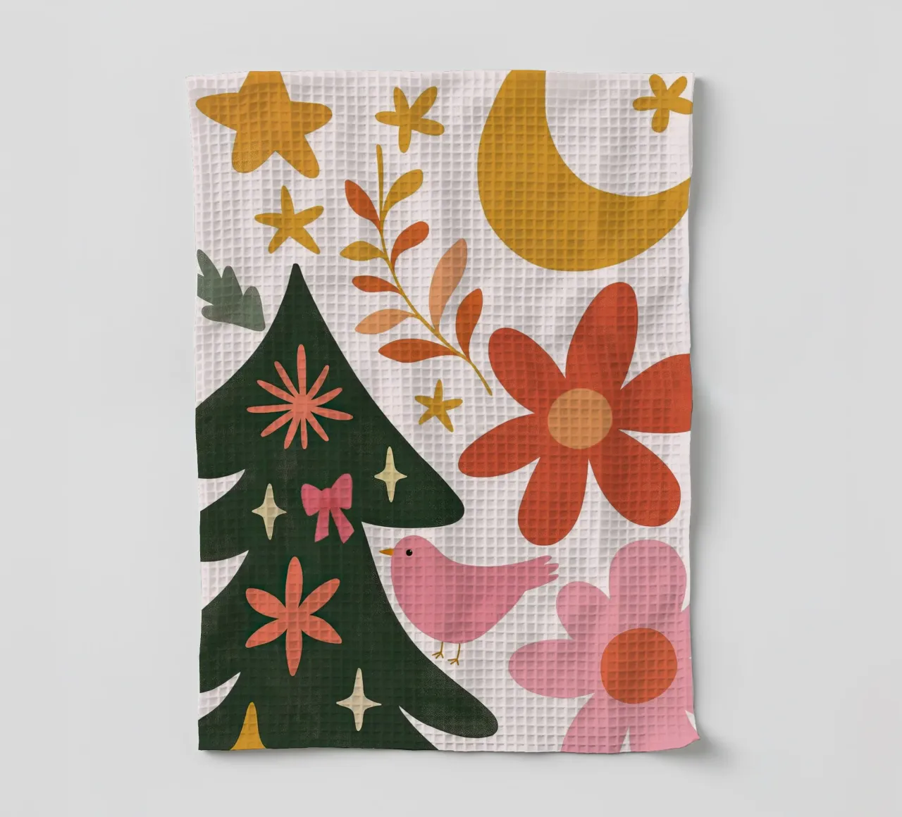 Sognante albero di Natale a forma di uccello rosa con luna, stelle e fiori canovaccio da cucina da GentleEchoes Dreamlight