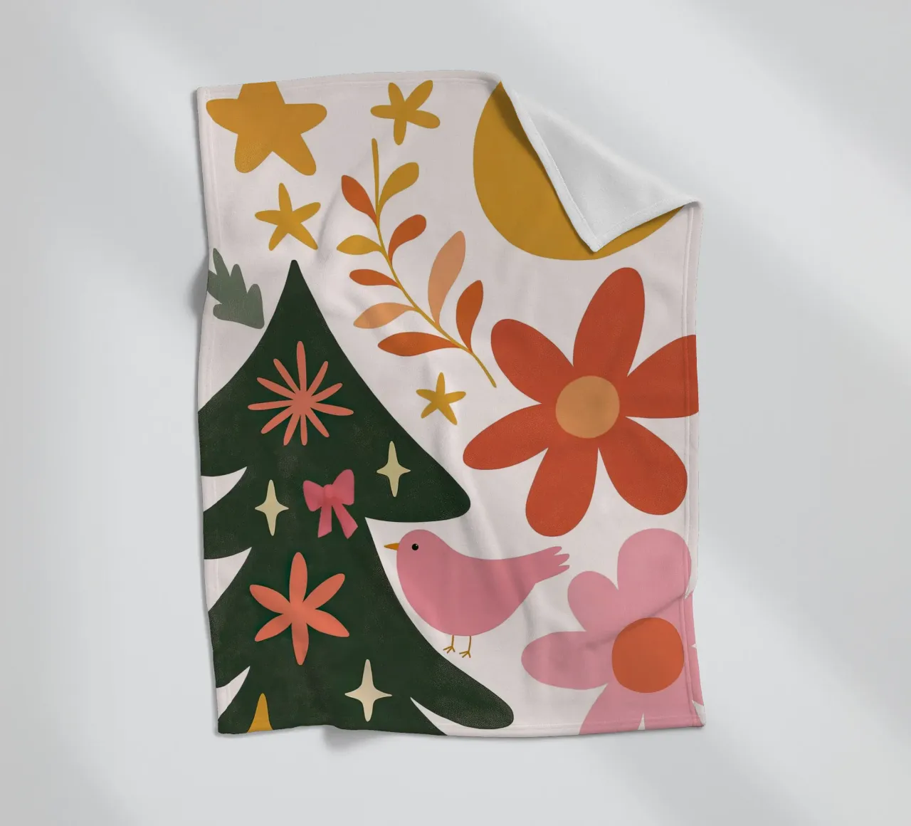 Sognante albero di Natale a forma di uccello rosa con luna, stelle e fiori coperta in pile da GentleEchoes Dreamlight