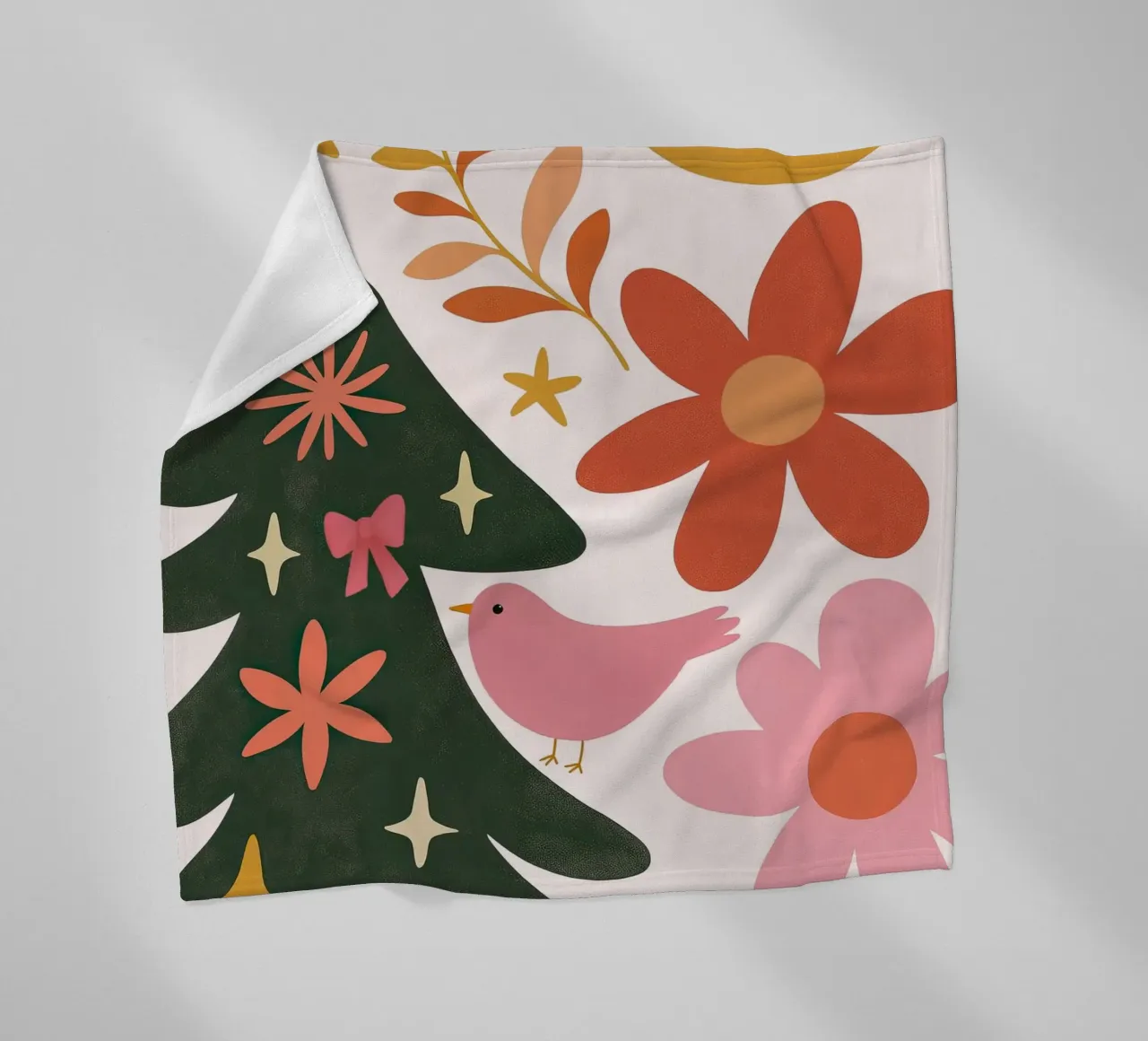 Sognante albero di Natale a forma di uccello rosa con luna, stelle e fiori coperta in pile da GentleEchoes Dreamlight