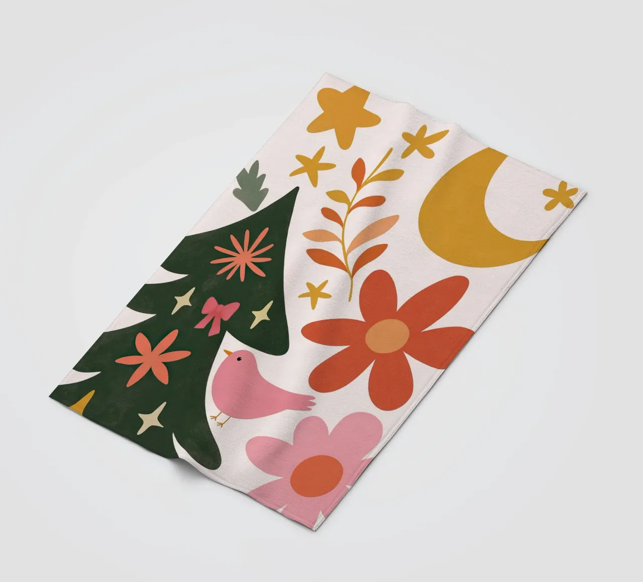 Sognante albero di Natale a forma di uccello rosa con luna, stelle e fiori coperta in pile da GentleEchoes Dreamlight