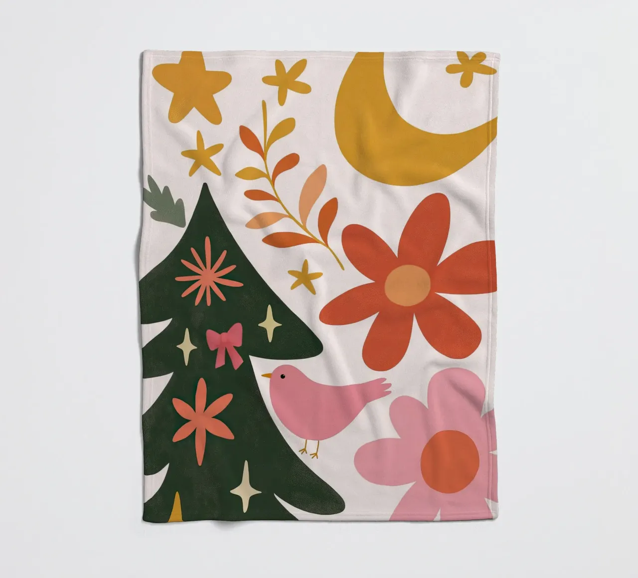 Sognante albero di Natale a forma di uccello rosa con luna, stelle e fiori coperta in pile da GentleEchoes Dreamlight