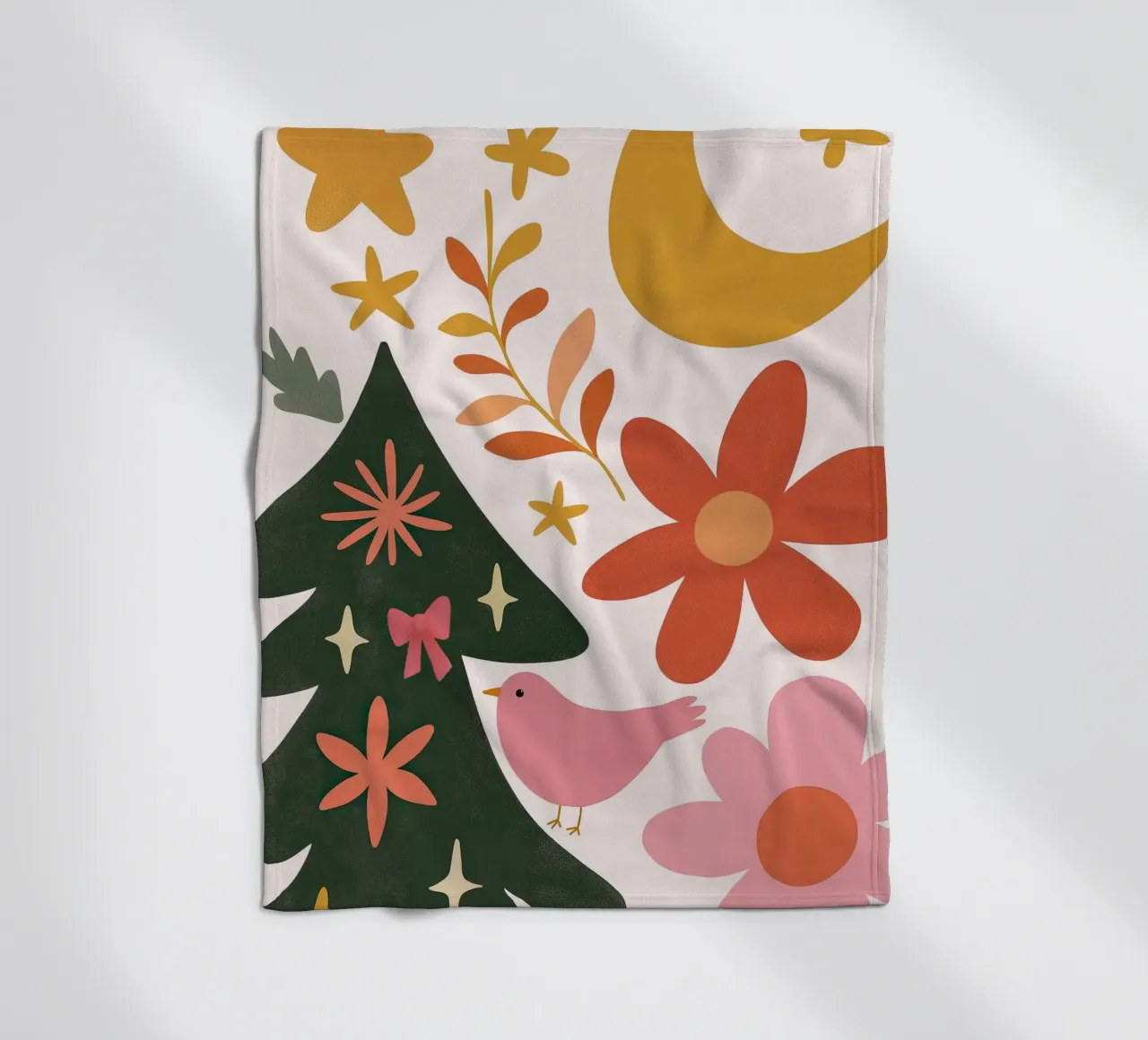 Sognante albero di Natale a forma di uccello rosa con luna, stelle e fiori coperta in pile da GentleEchoes Dreamlight