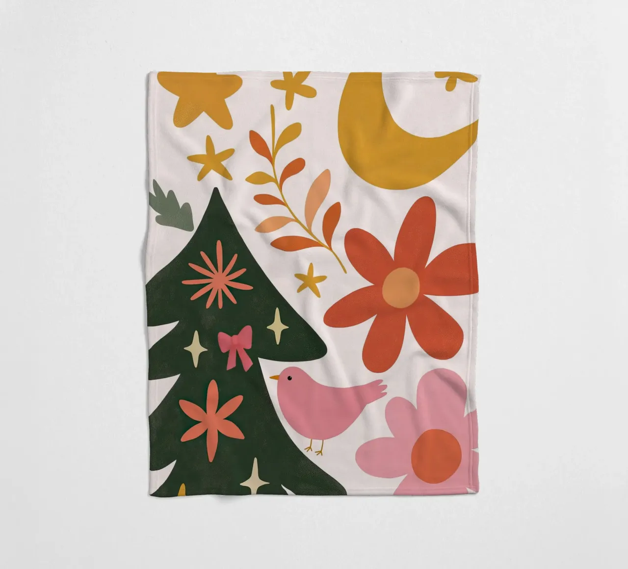 Sognante albero di Natale a forma di uccello rosa con luna, stelle e fiori coperta in pile da GentleEchoes Dreamlight