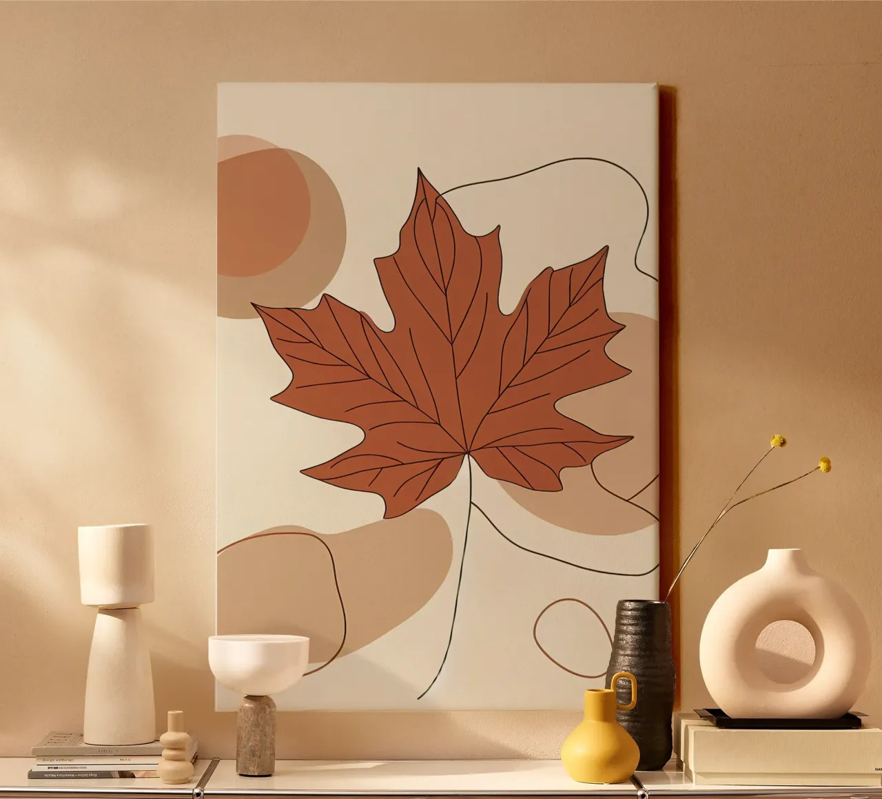 Minimalist Maple Leaf Poster in Neutral Tones with Abstract canvas by Bloom And Brush