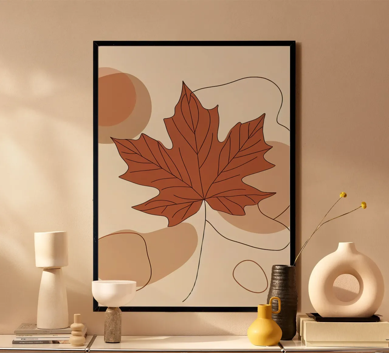 Minimalist Maple Leaf Poster in Neutral Tones with Abstract hahnemühle by Bloom And Brush
