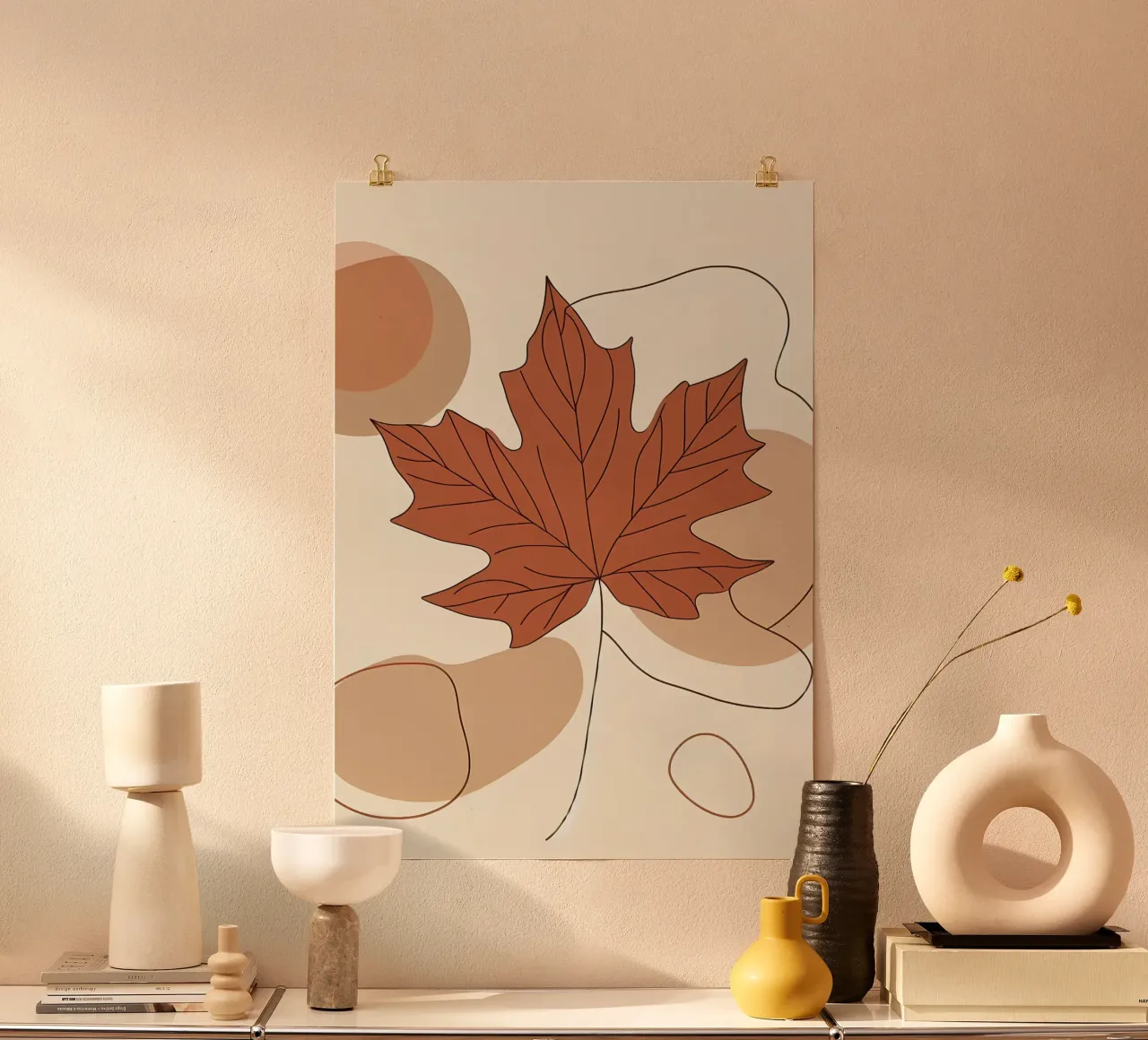 Minimalist Maple Leaf Poster in Neutral Tones with Abstract hahnemühle by Bloom And Brush