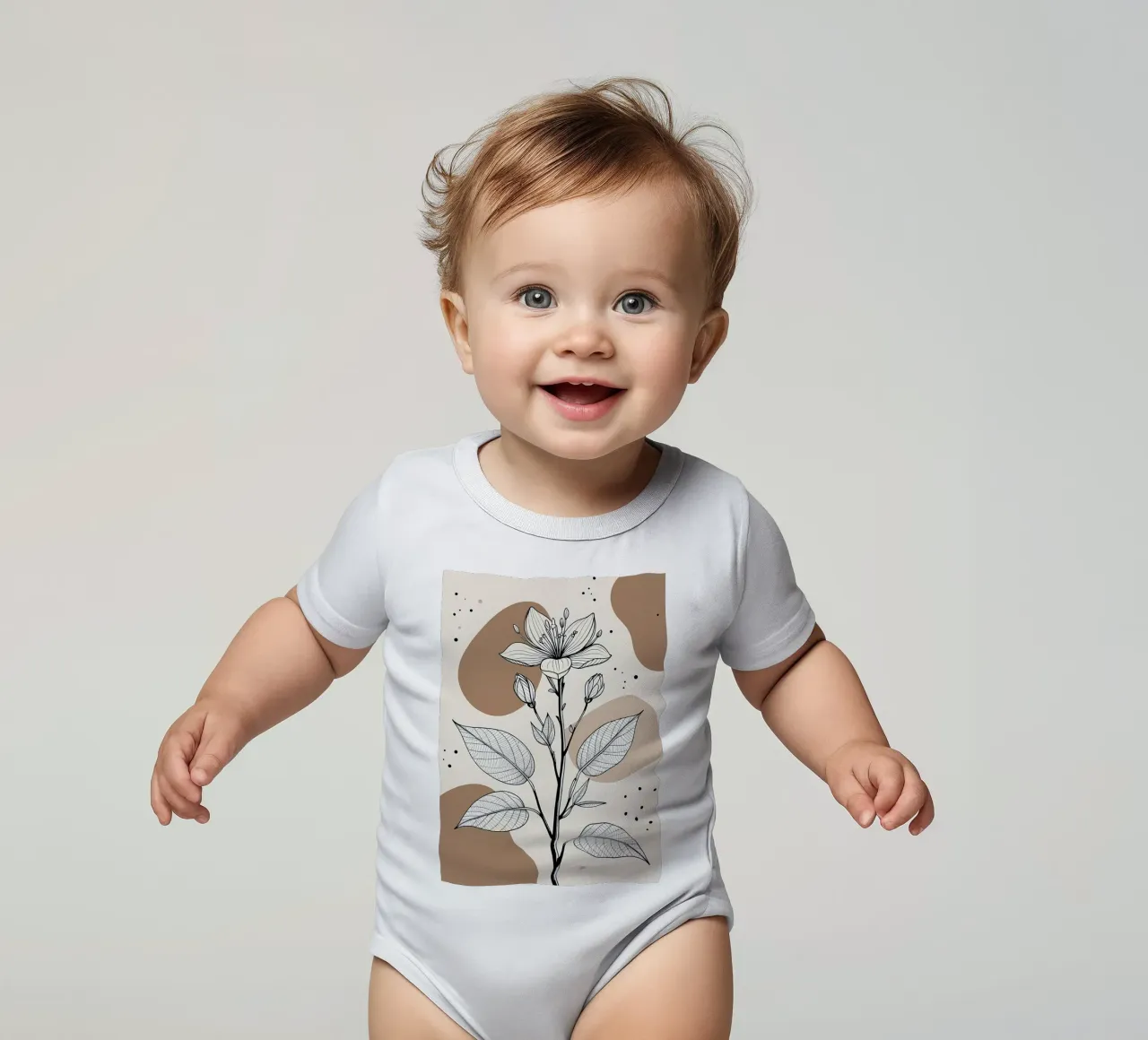 Minimalist Maple Leaf Poster in Neutral Tones with Abstract short-sleeve baby romper by Bloom And Brush