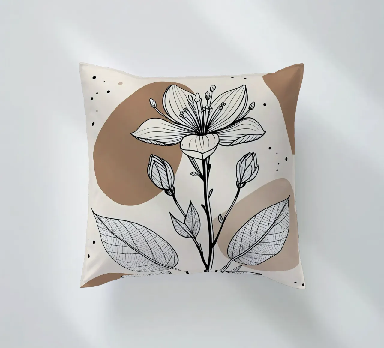 Minimalist Maple Leaf Poster in Neutral Tones with Abstract decorative cushion by Bloom And Brush
