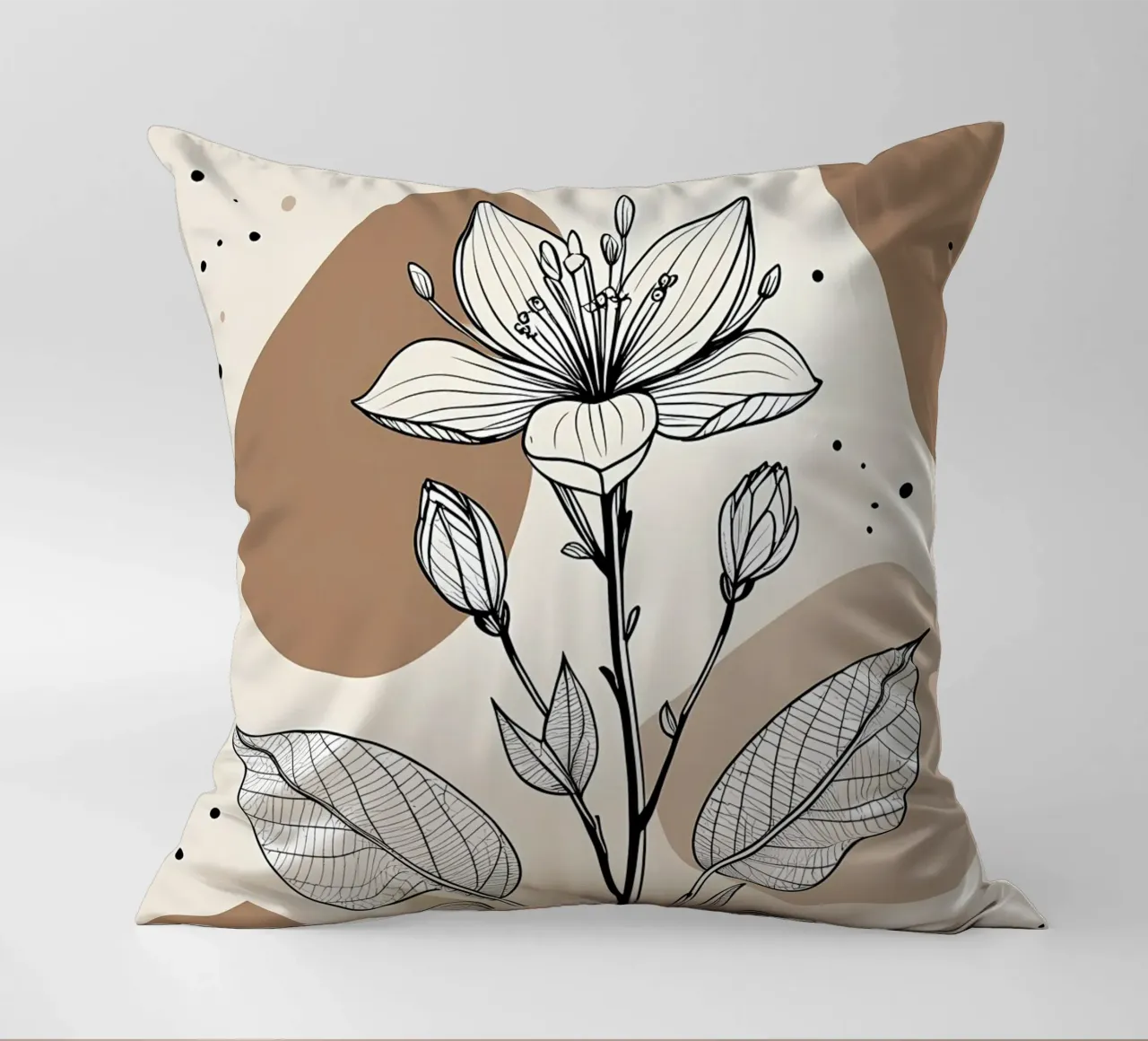 Minimalist Maple Leaf Poster in Neutral Tones with Abstract decorative cushion by Bloom And Brush