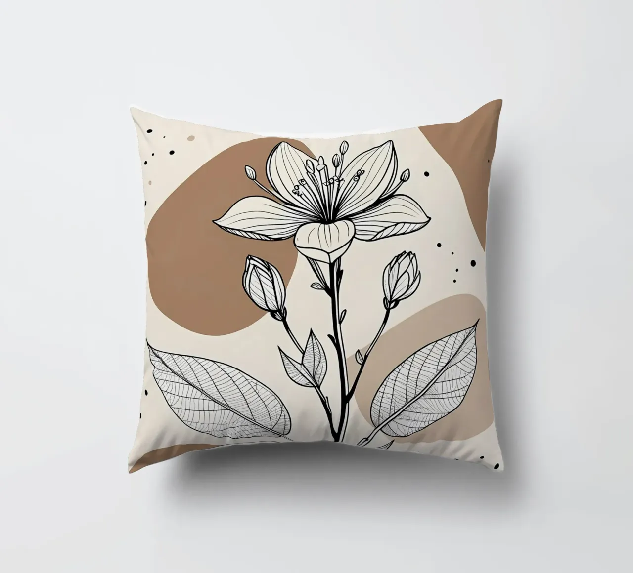 Minimalist Maple Leaf Poster in Neutral Tones with Abstract decorative cushion by Bloom And Brush
