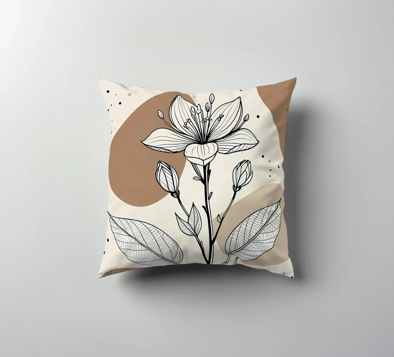 Minimalist Maple Leaf Poster in Neutral Tones with Abstract decorative cushion by Bloom And Brush