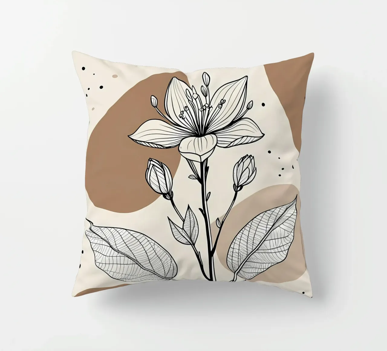 Minimalist Maple Leaf Poster in Neutral Tones with Abstract decorative cushion by Bloom And Brush