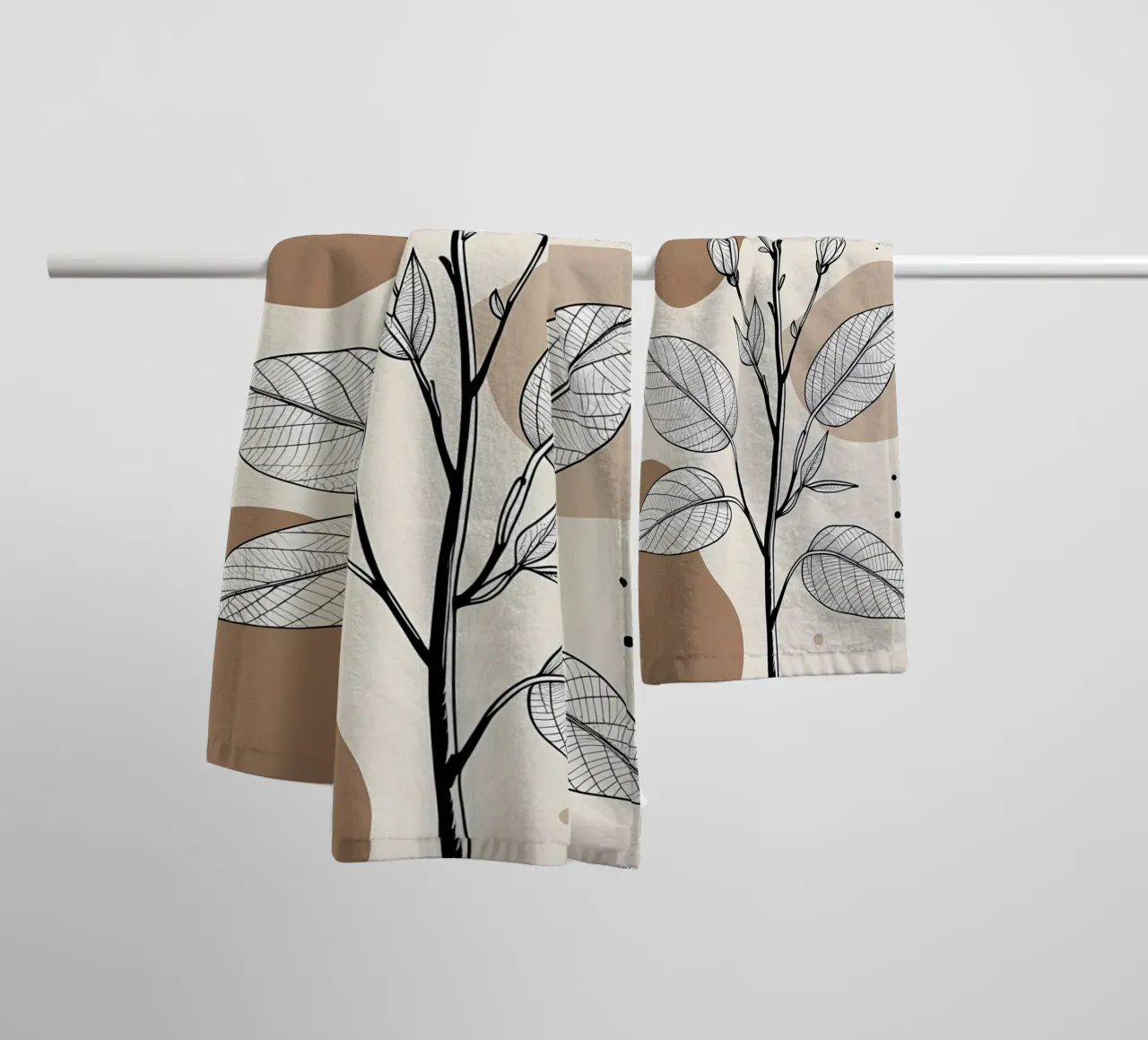 Minimalist Maple Leaf Poster in Neutral Tones with Abstract towel by Bloom And Brush
