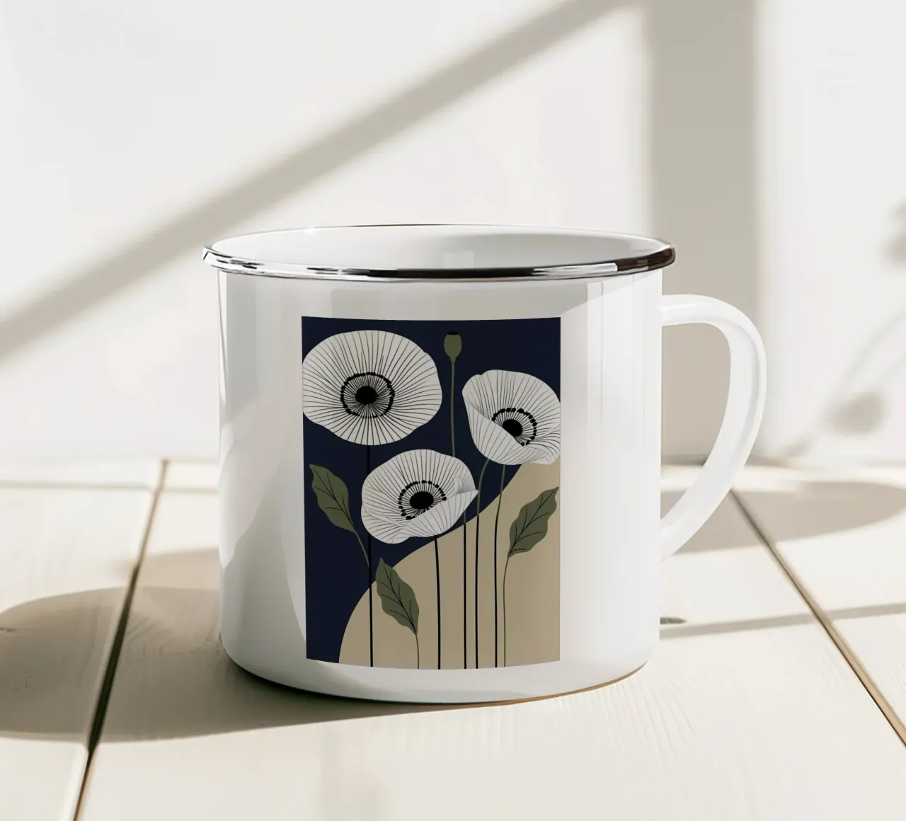 Minimalistische witte klaproos bloemen op donkere achtergrond emaille mok van Bloom And Brush