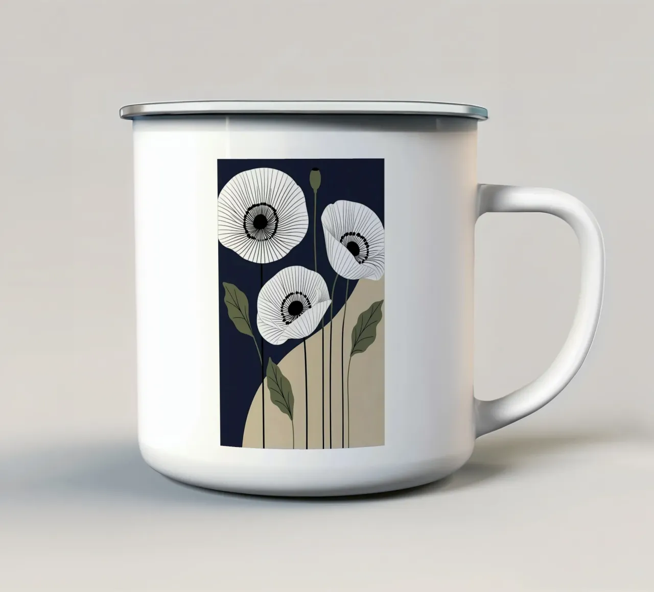 Minimalistische witte klaproos bloemen op donkere achtergrond emaille mok van Bloom And Brush