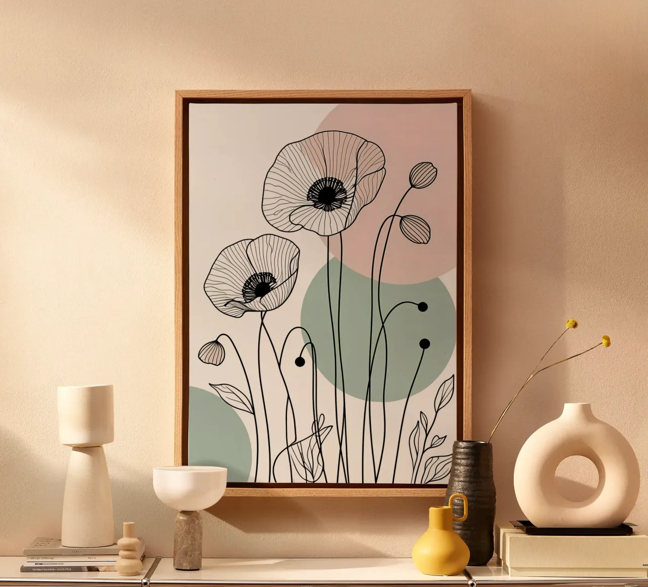Minimalist Line Art Poppies with Soft Pastel Circles canvas by Bloom And Brush