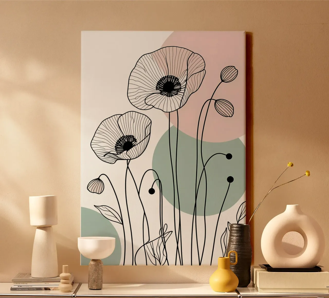 Minimalist Line Art Poppies with Soft Pastel Circles canvas by Bloom And Brush