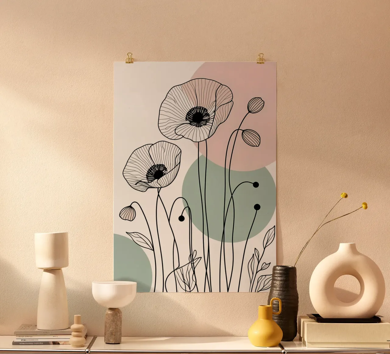 Minimalist Line Art Poppies with Soft Pastel Circles hahnemühle by Bloom And Brush
