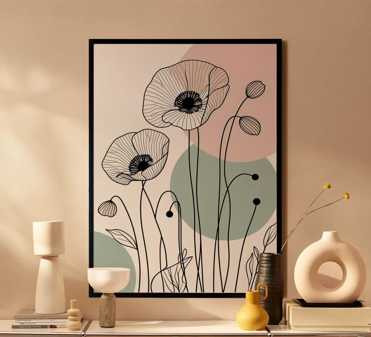 Minimalist Line Art Poppies with Soft Pastel Circles hahnemühle by Bloom And Brush