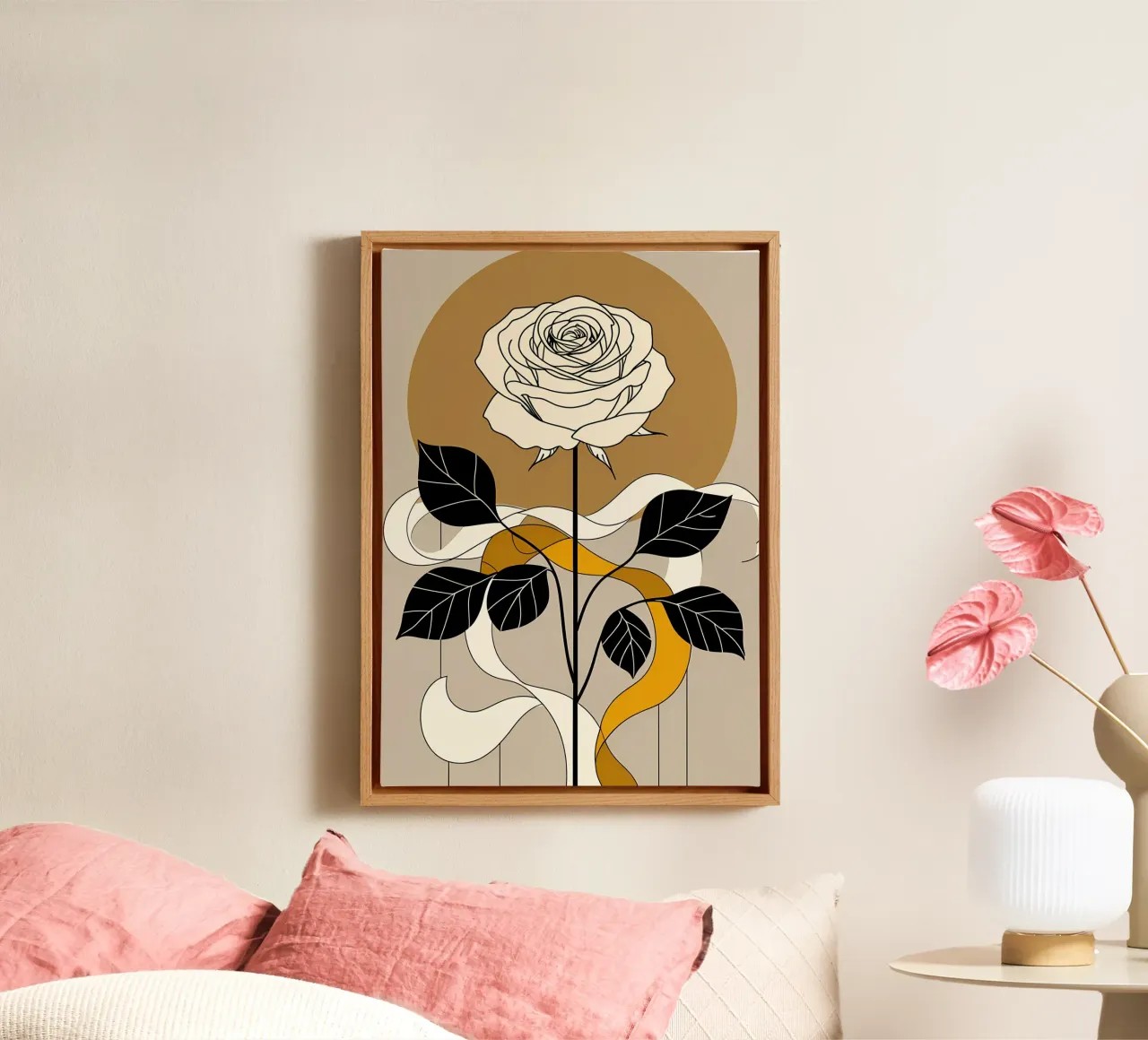 Elegant Minimalist Rose with Golden Abstract Background canvas by Bloom And Brush