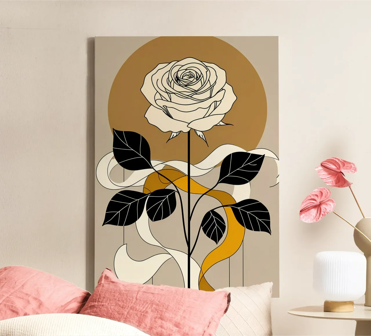 Elegant Minimalist Rose with Golden Abstract Background canvas by Bloom And Brush