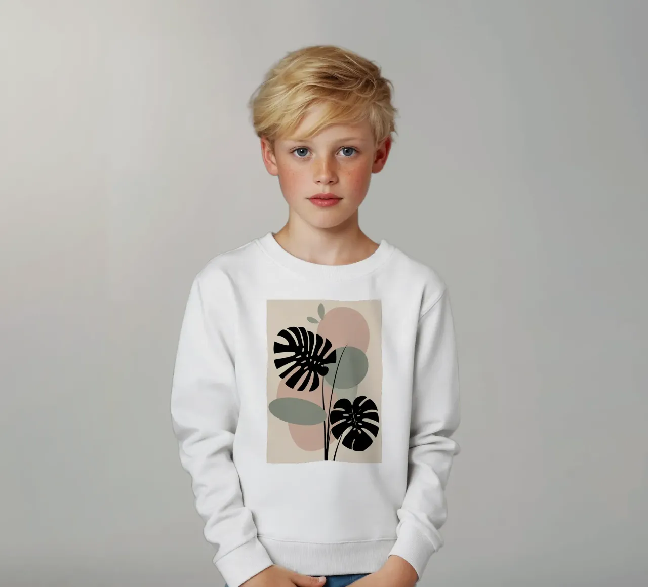 Foglie di Monstera minimaliste con forme astratte pastello morbide felpa bambino da Bloom And Brush