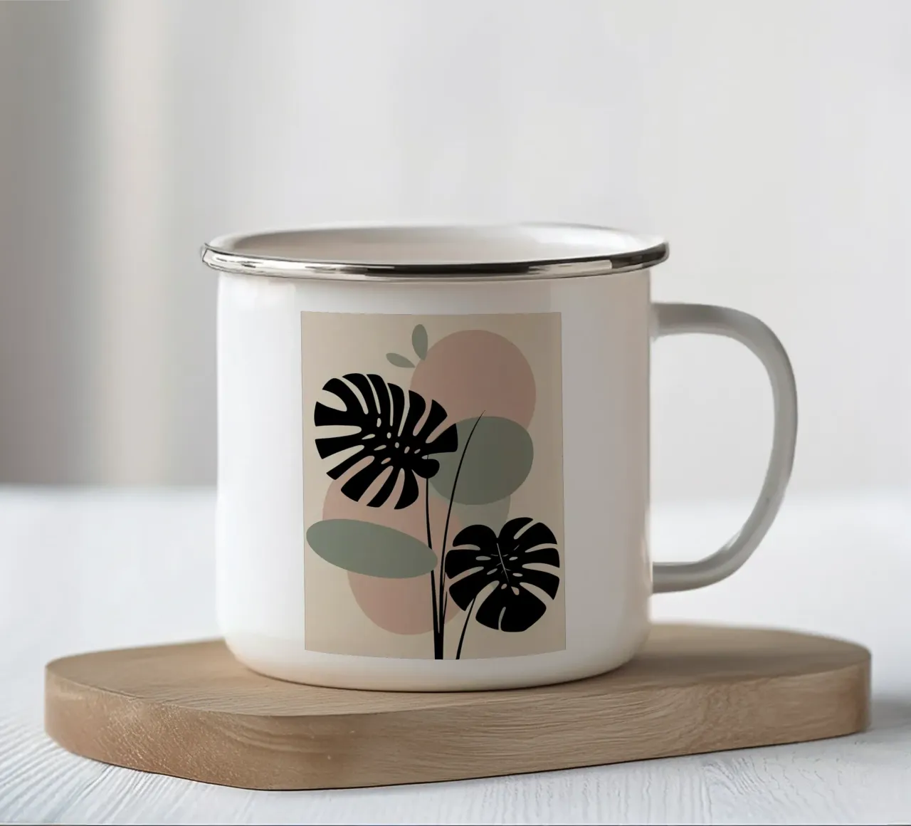 Foglie di Monstera minimaliste con forme astratte pastello morbide tazza in smalto da Bloom And Brush