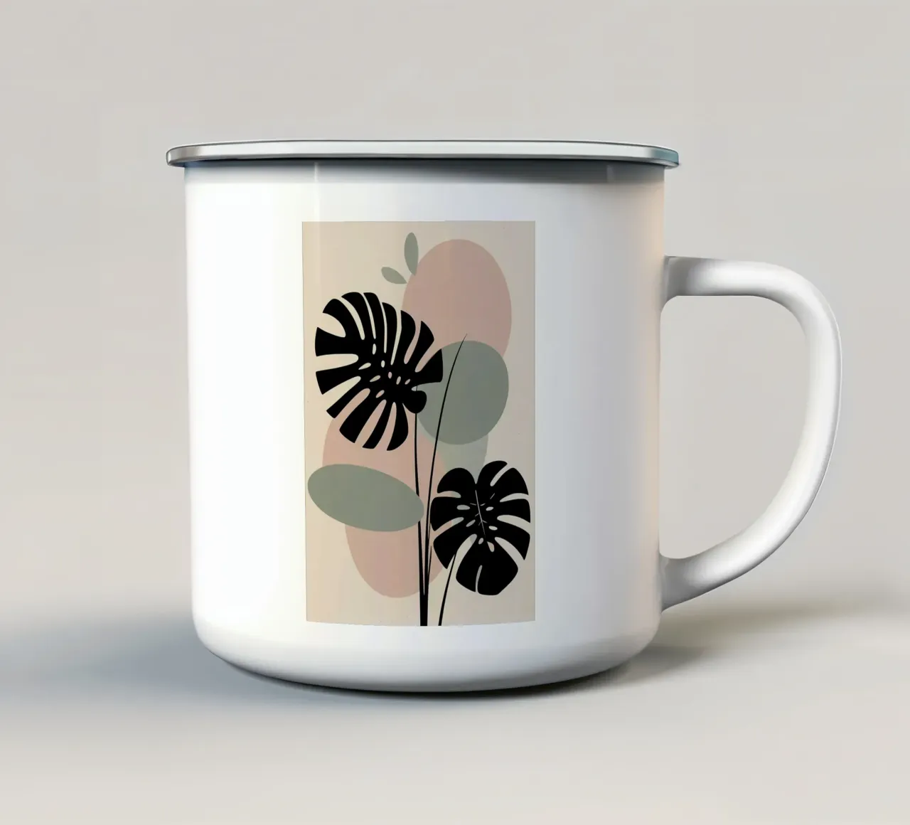 Foglie di Monstera minimaliste con forme astratte pastello morbide tazza in smalto da Bloom And Brush