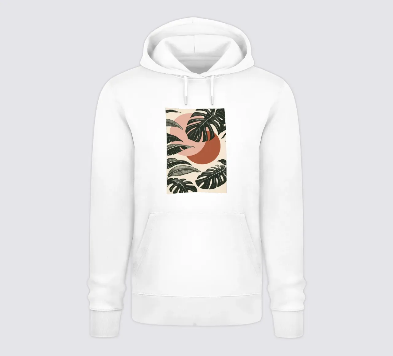 Foglie di Monstera tropicale con calde forme astratte di sole felpa con cappuccio da Bloom And Brush