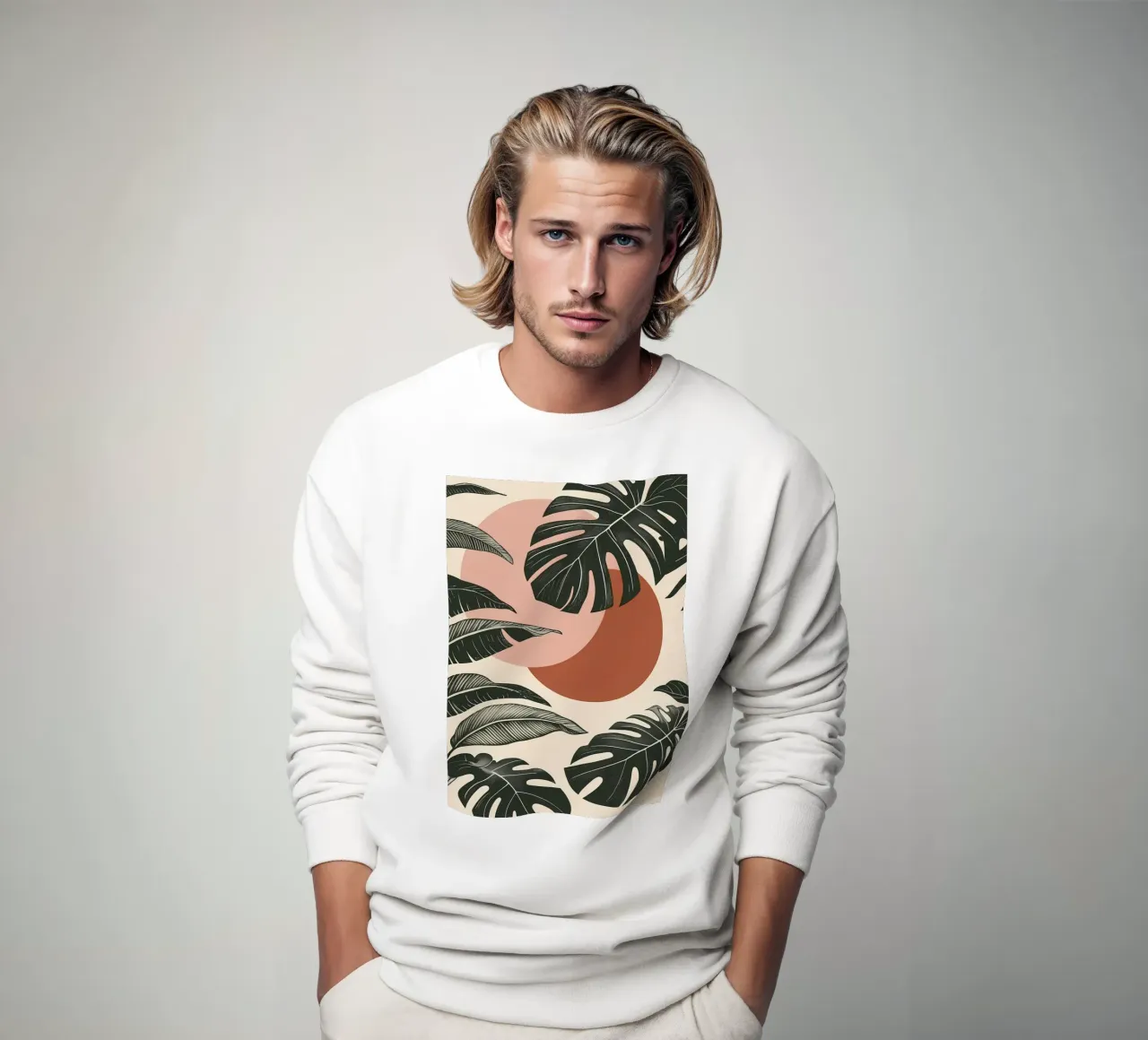 Foglie di Monstera tropicale con calde forme astratte di sole felpa da Bloom And Brush