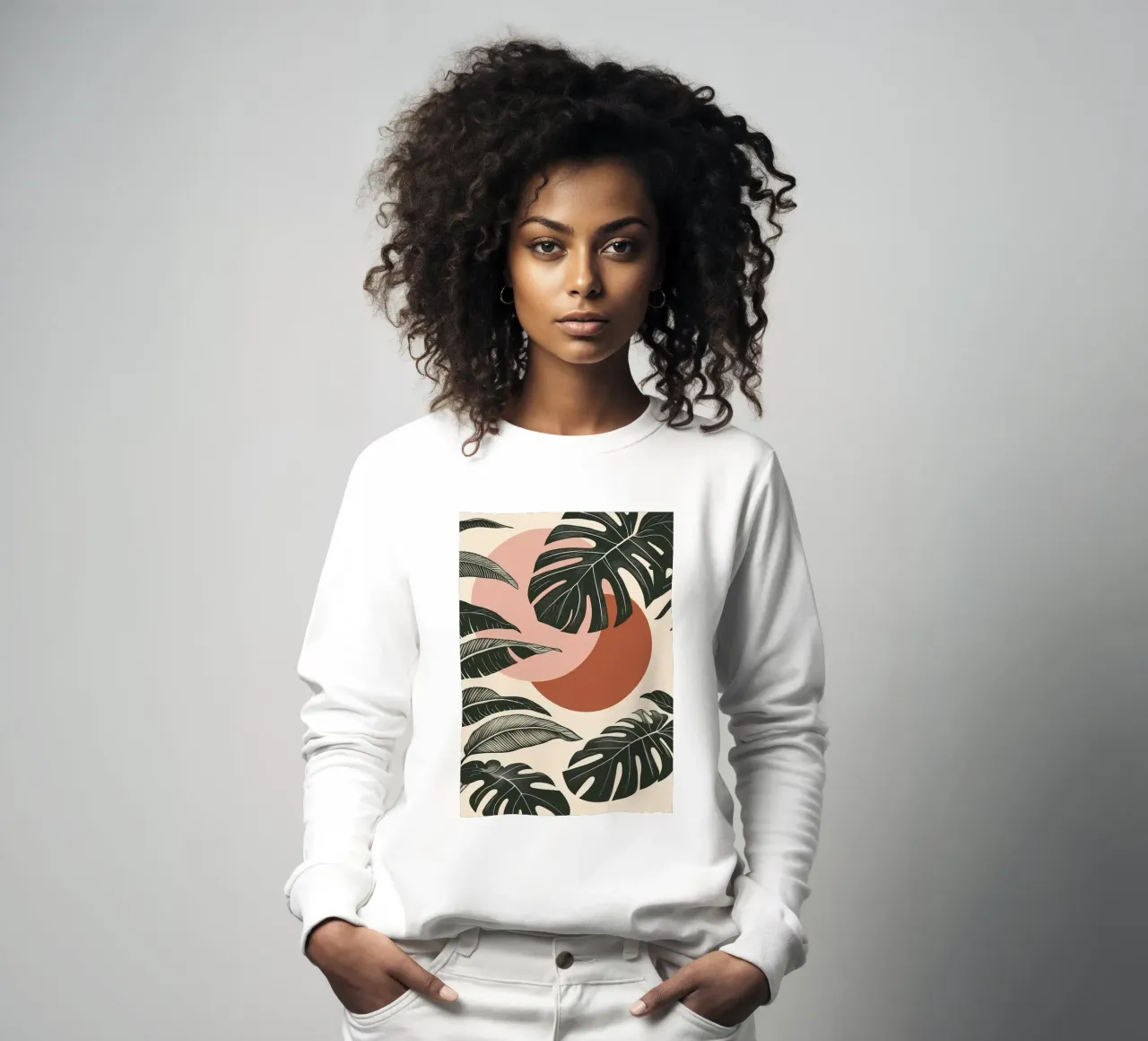 Foglie di Monstera tropicale con calde forme astratte di sole felpa da Bloom And Brush