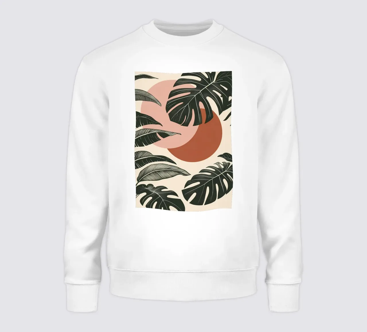 Foglie di Monstera tropicale con calde forme astratte di sole felpa da Bloom And Brush