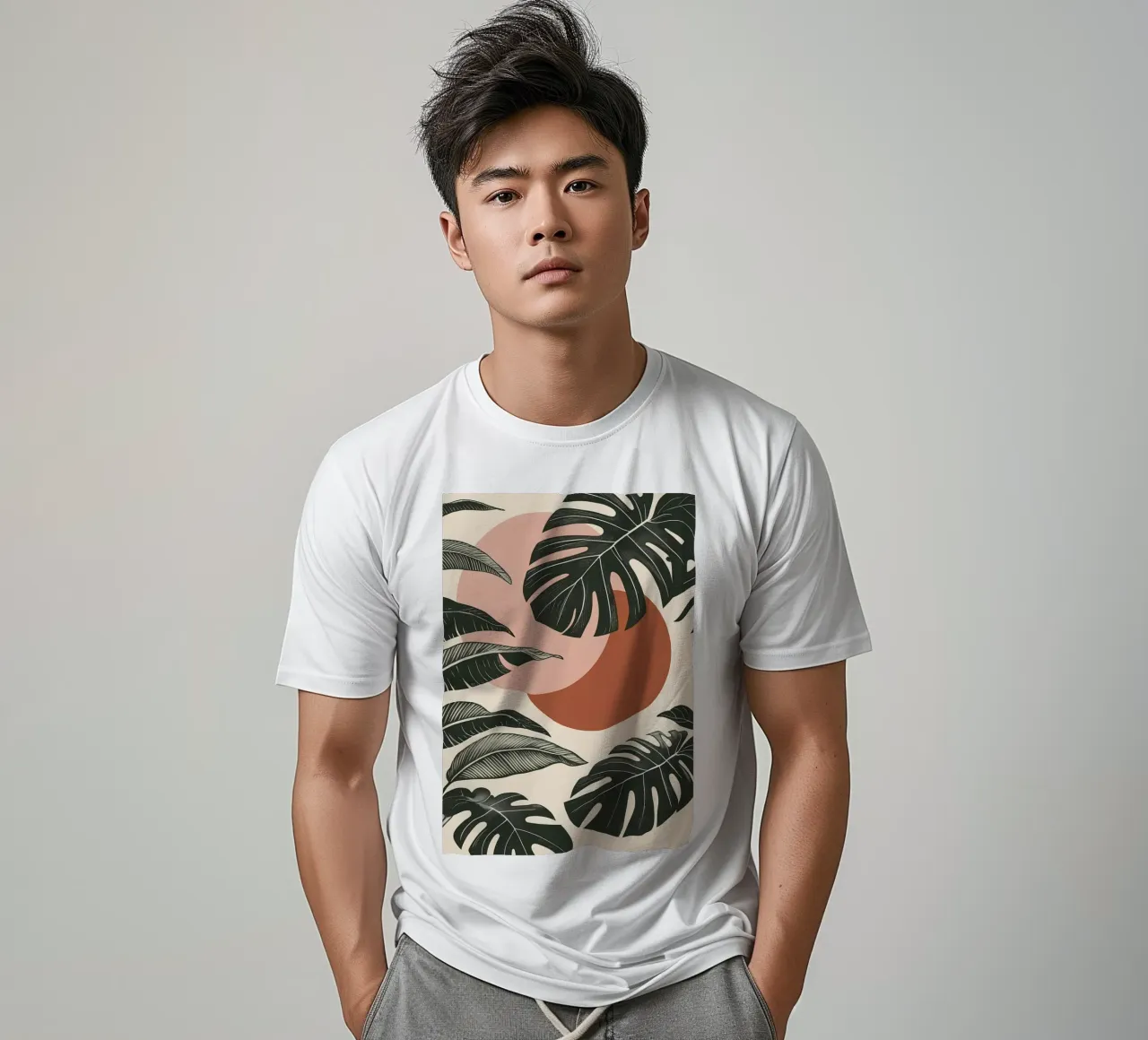 Foglie di Monstera tropicale con calde forme astratte di sole t-shirt da Bloom And Brush