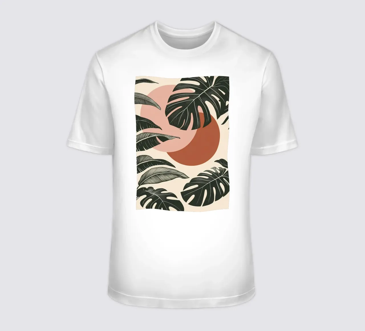 Foglie di Monstera tropicale con calde forme astratte di sole t-shirt da Bloom And Brush